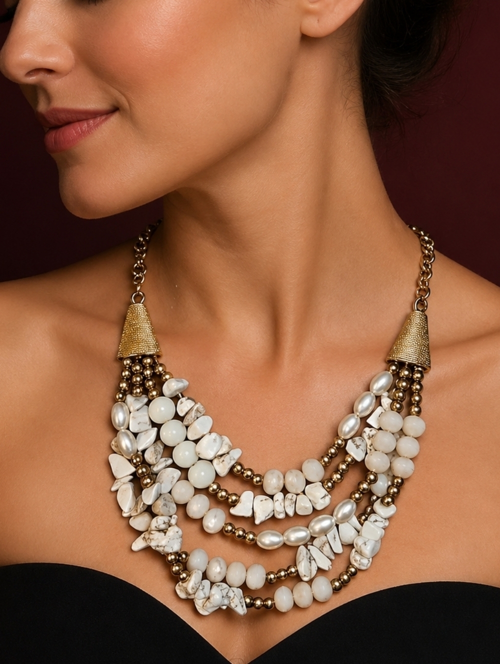 VTG Howlite Glass Beaded Layered Chain Necklace